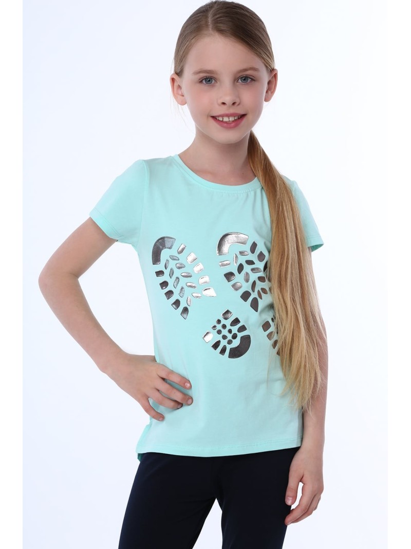 Girls\' T-shirt with shoe prints, mint NDZ8254 - Online store - Boutique